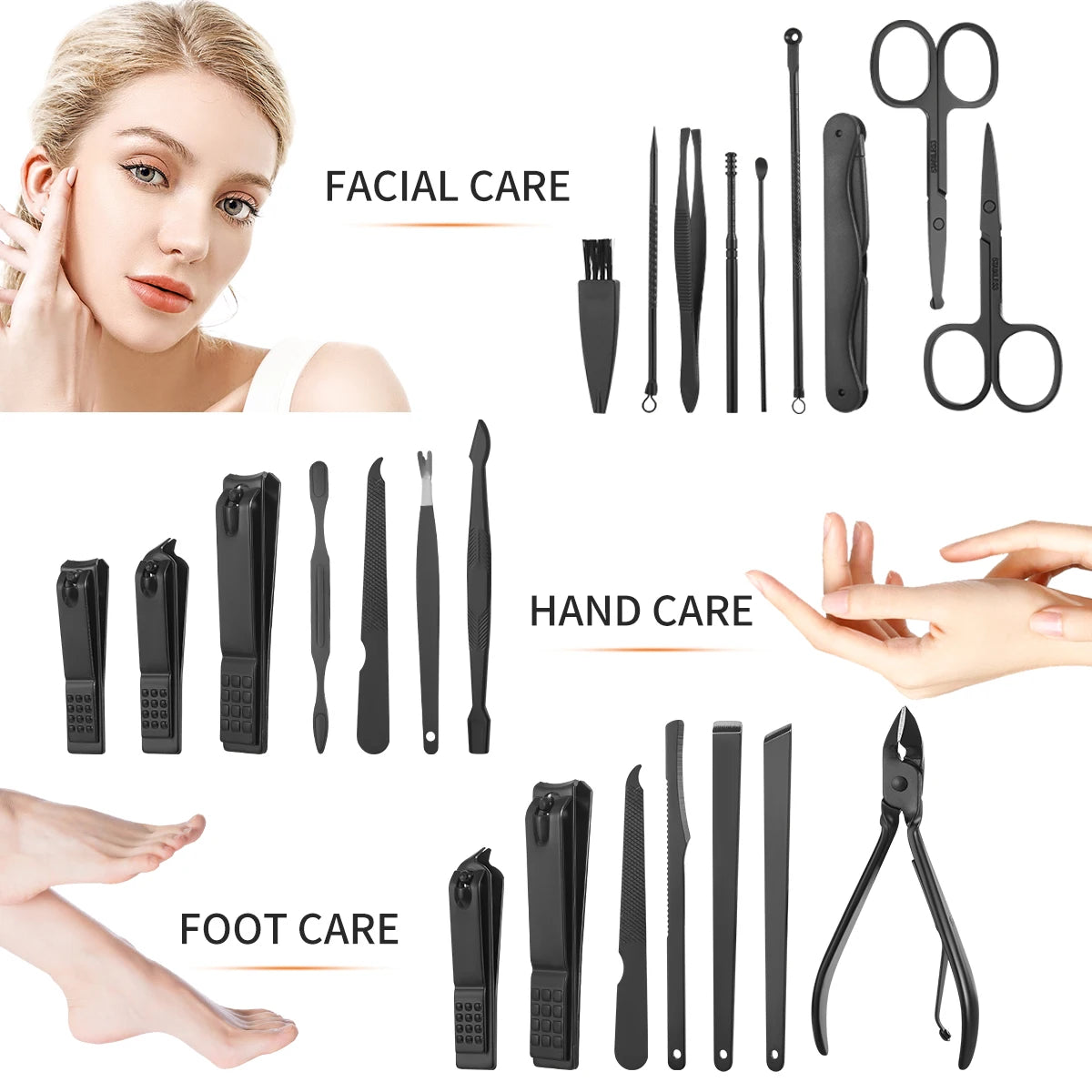 7/15/20Pcs Manicure Nail Clipper Set Stainless Steel Pedicure Scissors Grooming Tool for Beauty with Black Leather Travel Case