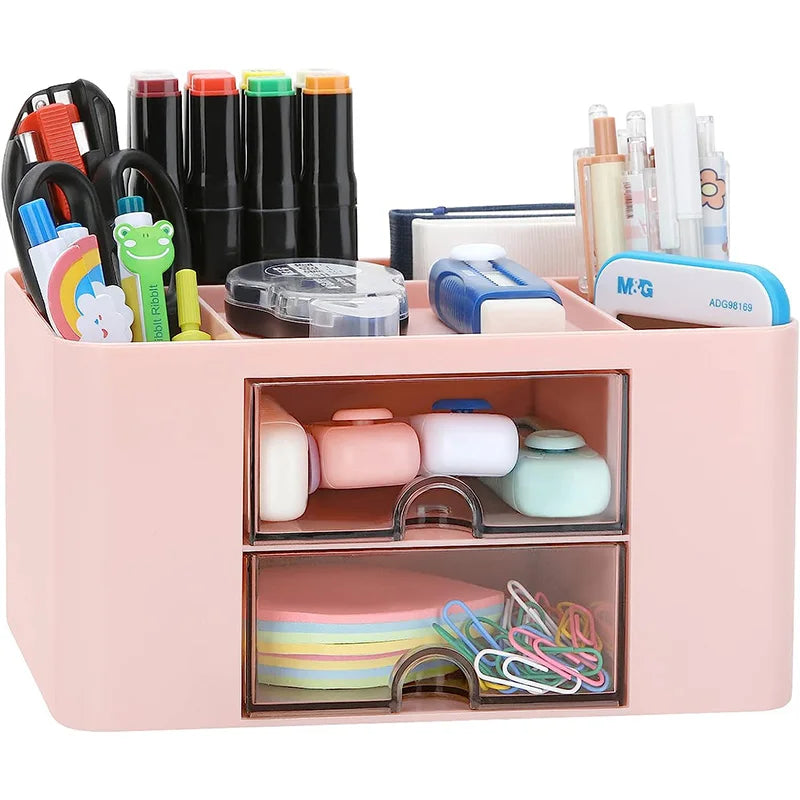 Desk Organizer with 2 Drawer, Plastic Desktop Pen Pencil Card Holder Storage Box for Desk Office Supplies Vanity Table Office