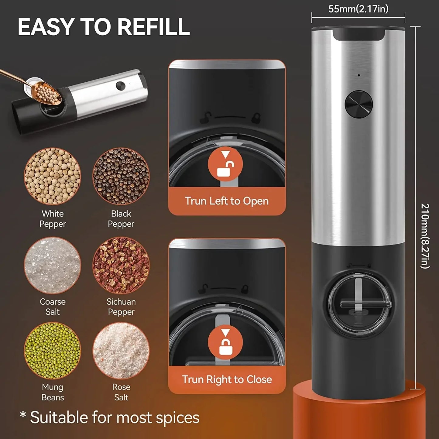Rechargeable Electric Salt and Pepper Grinder Set with Charging Base Stainless Steel Automatic Salt Pepper Grinder Spice Mill