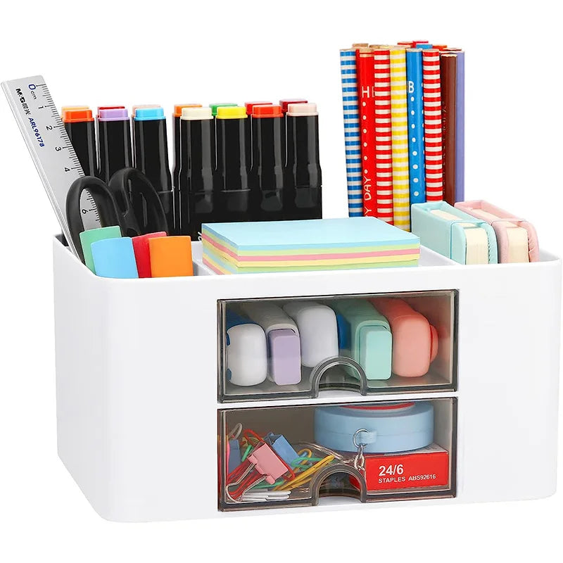 Desk Organizer with 2 Drawer, Plastic Desktop Pen Pencil Card Holder Storage Box for Desk Office Supplies Vanity Table Office