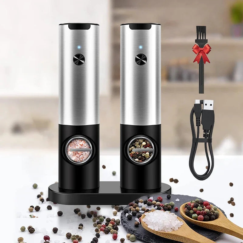 Rechargeable Electric Salt and Pepper Grinder Set with Charging Base Stainless Steel Automatic Salt Pepper Grinder Spice Mill