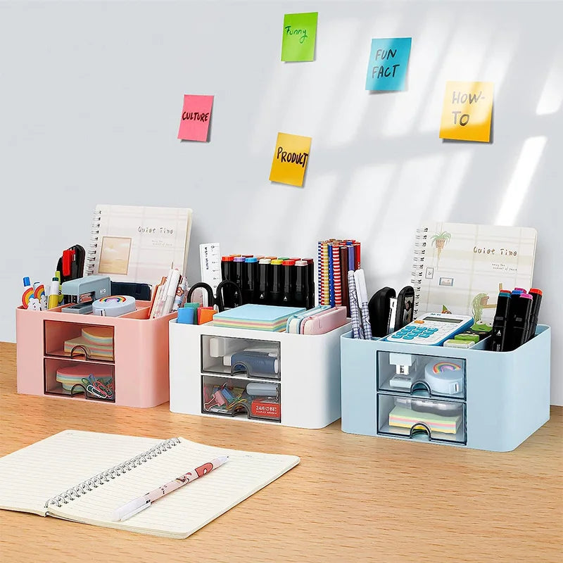 Desk Organizer with 2 Drawer, Plastic Desktop Pen Pencil Card Holder Storage Box for Desk Office Supplies Vanity Table Office