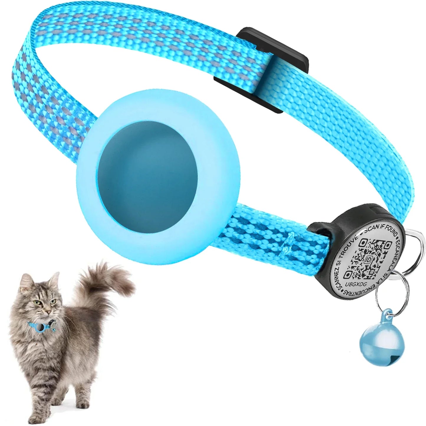 Reflective Airtag Cat Collar with Apple Air Tag Holder for Tracker Kitten, QR Name Tag Safety Quick Release Buckle for Anti-Loss