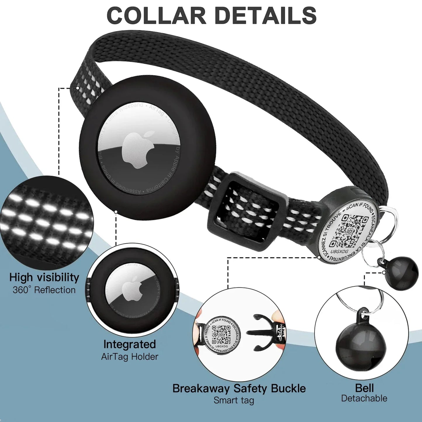 Reflective Airtag Cat Collar with Apple Air Tag Holder for Tracker Kitten, QR Name Tag Safety Quick Release Buckle for Anti-Loss