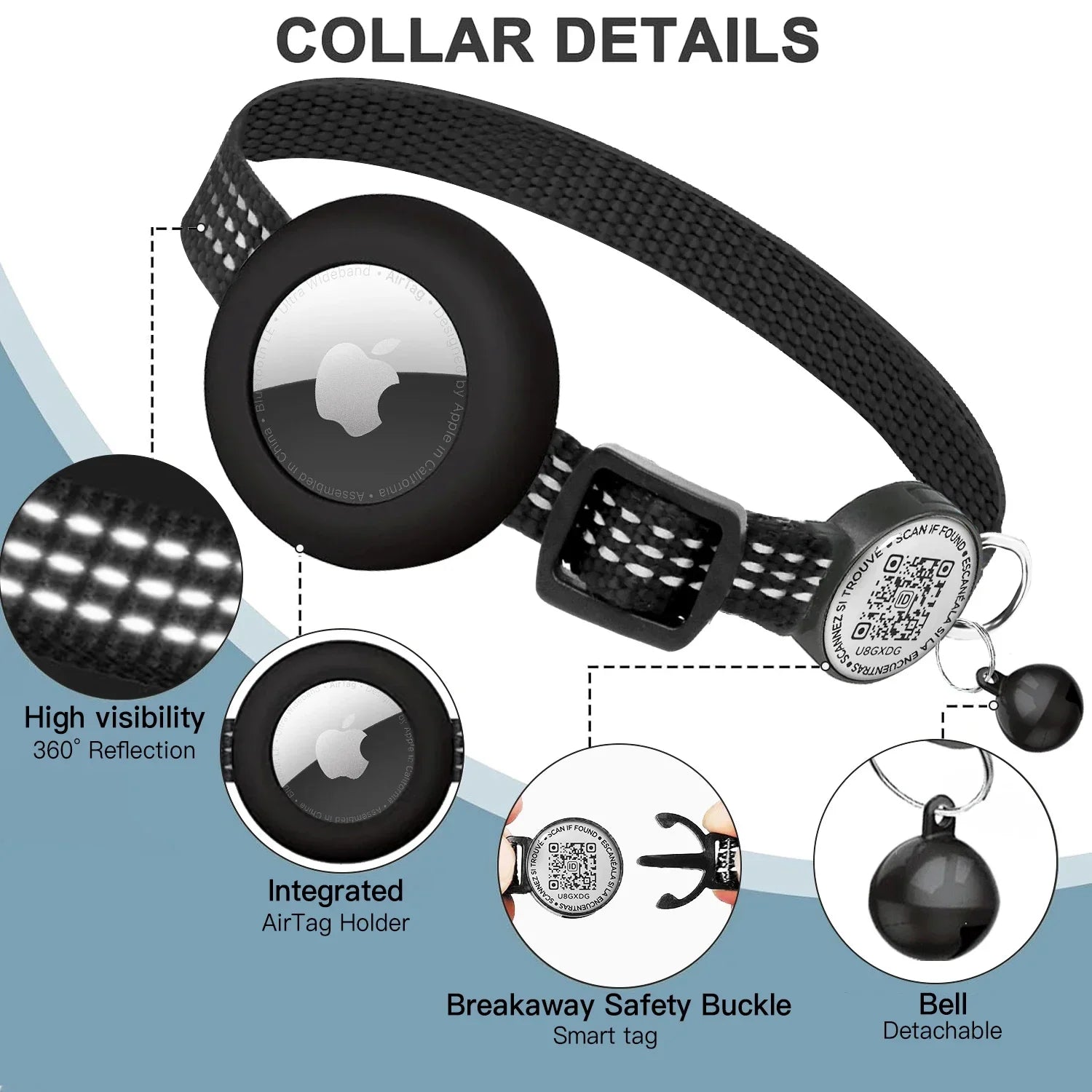 Reflective Airtag Cat Collar with Apple Air Tag Holder for Tracker Kitten, QR Name Tag Safety Quick Release Buckle for Anti-Loss