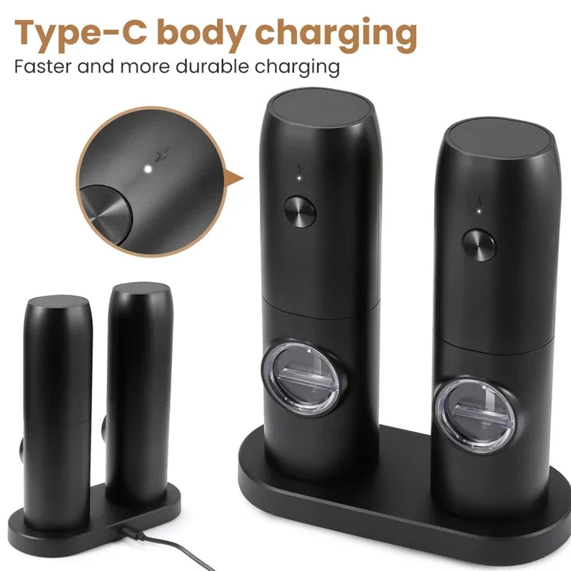 Rechargeable Electric Salt and Pepper Grinder Set with Charging Base Stainless Steel Automatic Salt Pepper Grinder Spice Mill