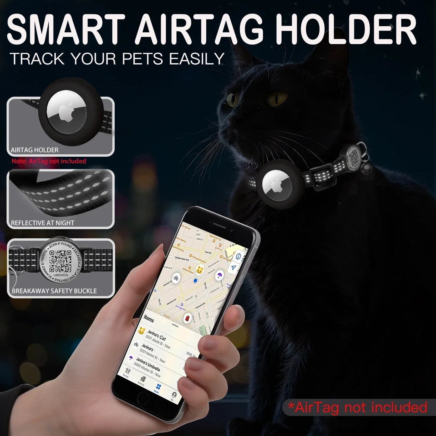 Reflective Airtag Cat Collar with Apple Air Tag Holder for Tracker Kitten, QR Name Tag Safety Quick Release Buckle for Anti-Loss