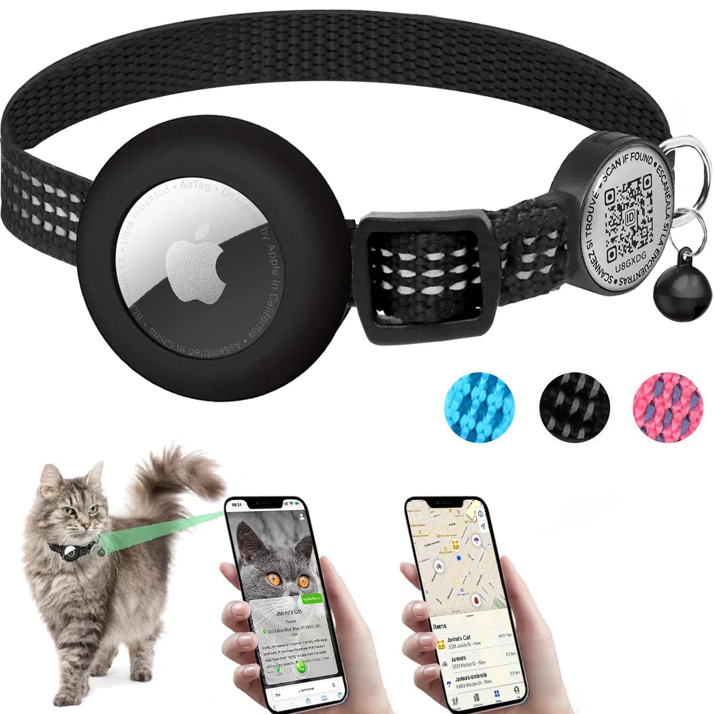 Reflective Airtag Cat Collar with Apple Air Tag Holder for Tracker Kitten, QR Name Tag Safety Quick Release Buckle for Anti-Loss