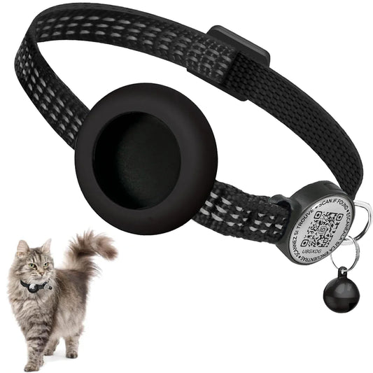 Reflective Airtag Cat Collar with Apple Air Tag Holder for Tracker Kitten, QR Name Tag Safety Quick Release Buckle for Anti-Loss