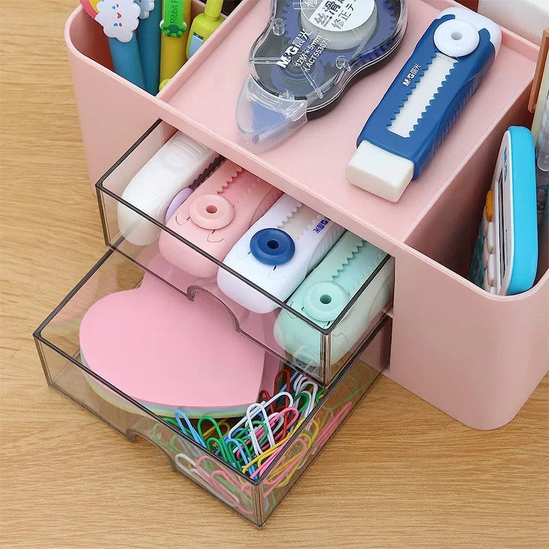 Desk Organizer with 2 Drawer, Plastic Desktop Pen Pencil Card Holder Storage Box for Desk Office Supplies Vanity Table Office