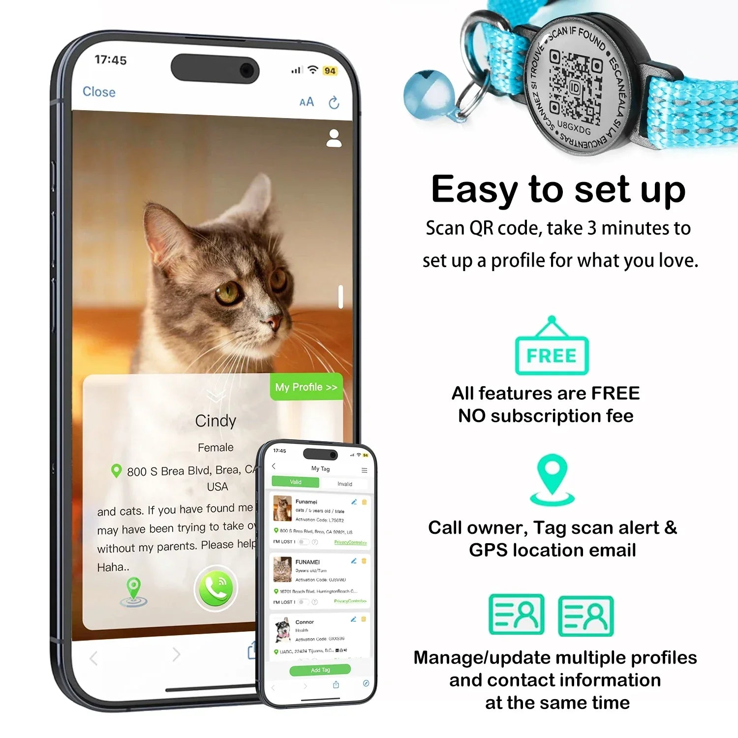 Reflective Airtag Cat Collar with Apple Air Tag Holder for Tracker Kitten, QR Name Tag Safety Quick Release Buckle for Anti-Loss