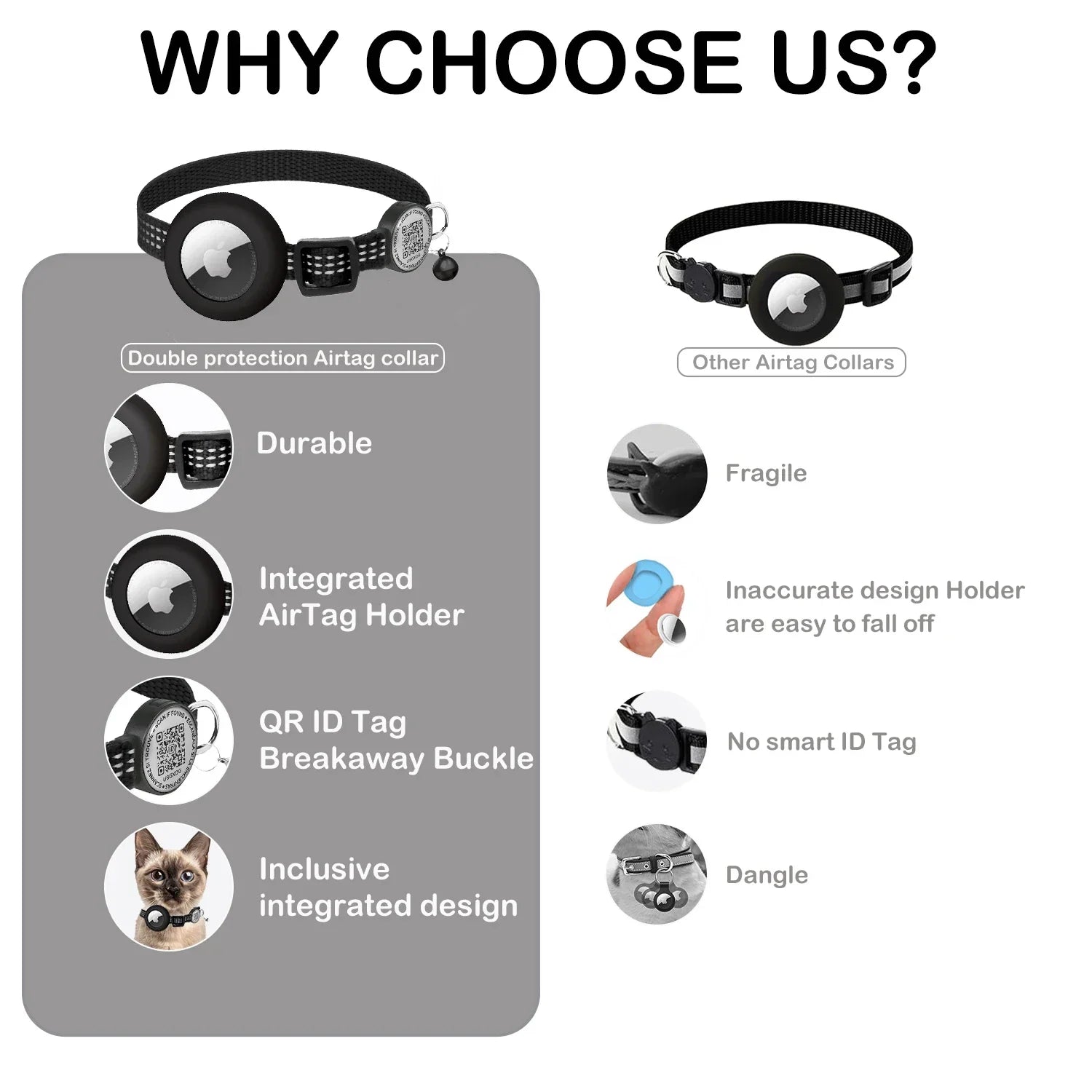 Reflective Airtag Cat Collar with Apple Air Tag Holder for Tracker Kitten, QR Name Tag Safety Quick Release Buckle for Anti-Loss
