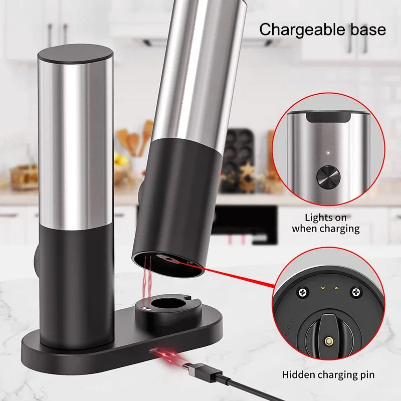Rechargeable Electric Salt and Pepper Grinder Set with Charging Base Stainless Steel Automatic Salt Pepper Grinder Spice Mill