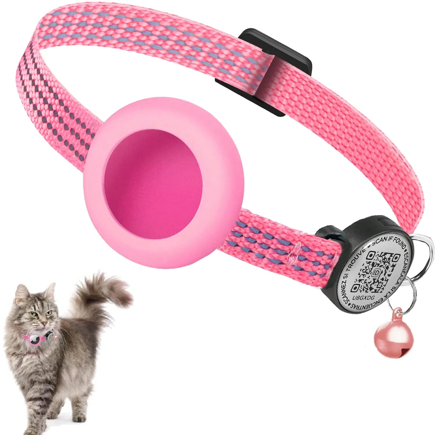 Reflective Airtag Cat Collar with Apple Air Tag Holder for Tracker Kitten, QR Name Tag Safety Quick Release Buckle for Anti-Loss
